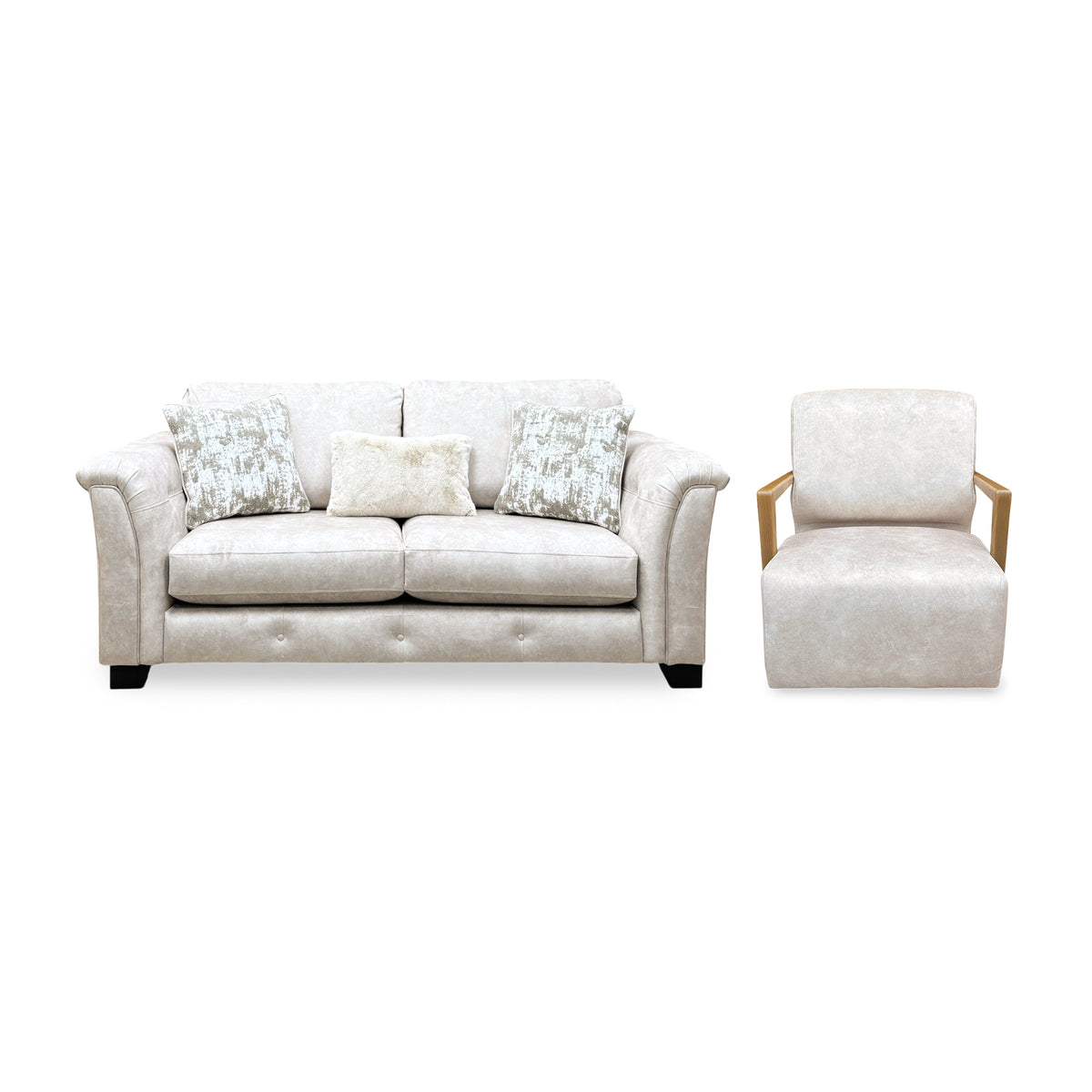 Front view of the Aura Kenzo cream velvet 3 seater sofa and the swivel chair with wooden arms