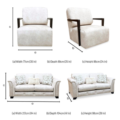 'Aura' Kenzo Cream Dw Ft Velvet Fabric 3 Seater Classic Back Sofa + Swivel Chair with Dark Wood Arm