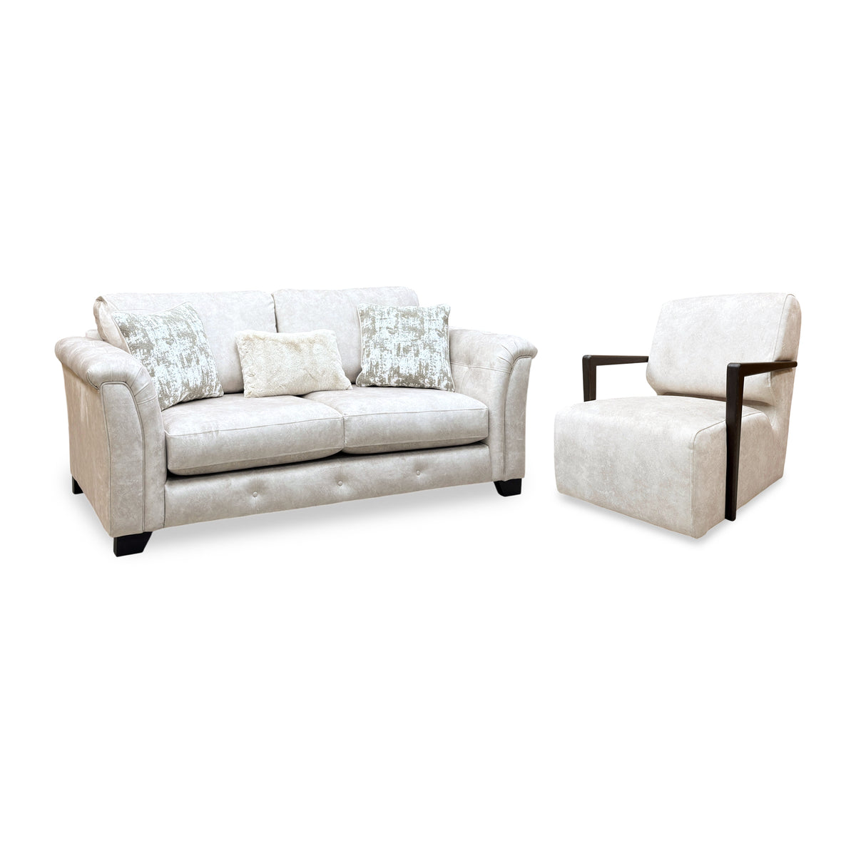'Aura' Kenzo Cream Dw Ft Velvet Fabric 3 Seater Classic Back Sofa + Swivel Chair with Dark Wood Arm