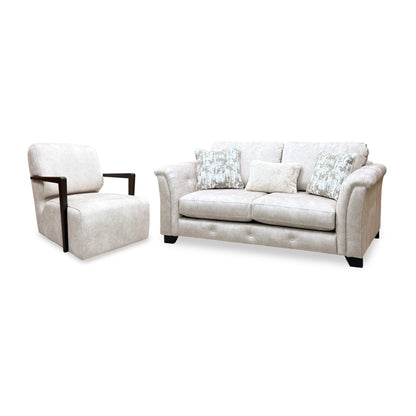'Aura' Kenzo Cream Dw Ft Velvet Fabric 3 Seater Classic Back Sofa + Swivel Chair with Dark Wood Arm