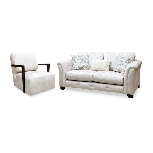 'Aura' Kenzo Cream Dw Ft Velvet Fabric 3 Seater Classic Back Sofa + Swivel Chair with Dark Wood Arm