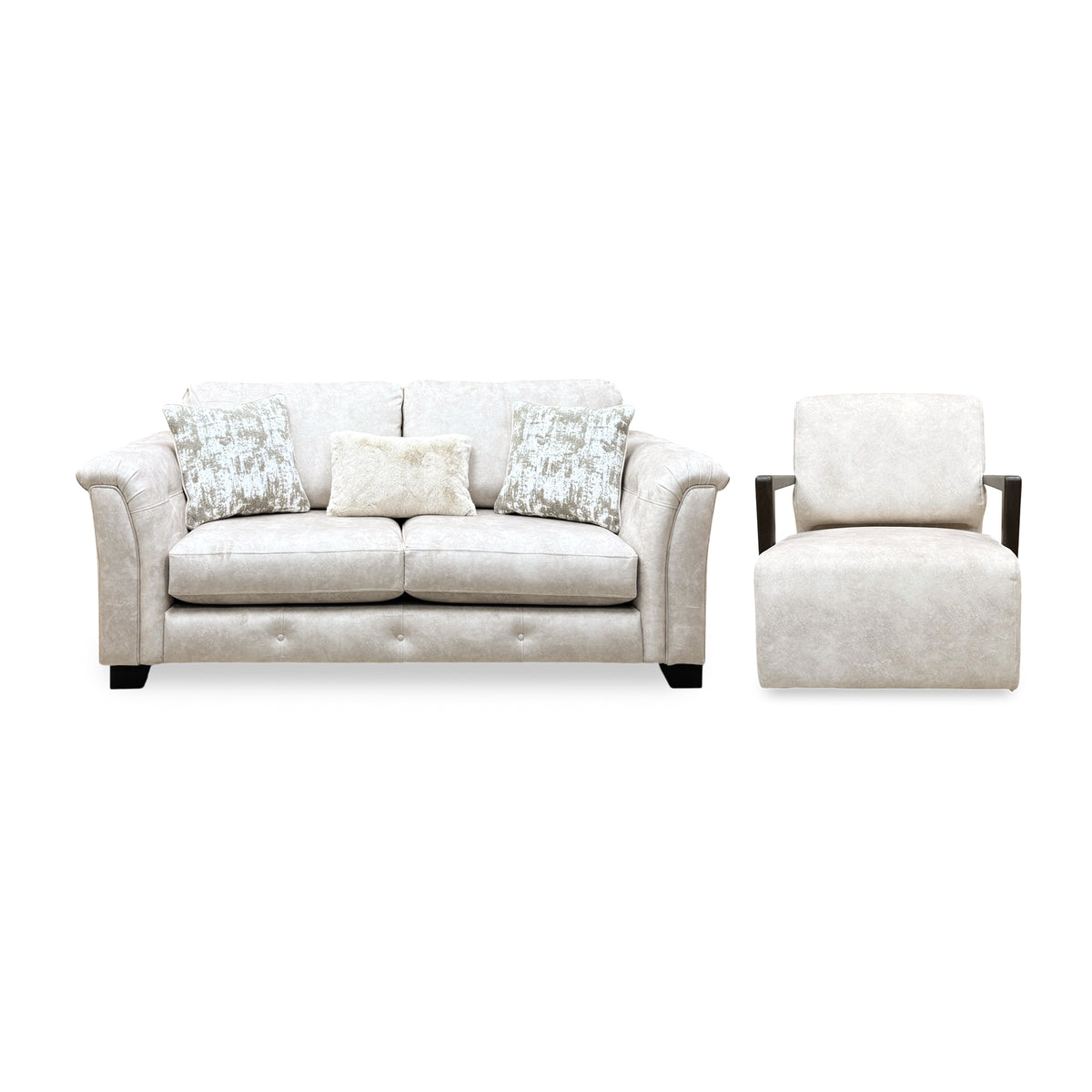 'Aura' Kenzo Cream Dw Ft Velvet Fabric 3 Seater Classic Back Sofa + Swivel Chair with Dark Wood Arm