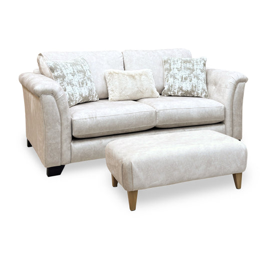 'Aura' Kenzo Cream Dw Ft Velvet Fabric 3 Seater Classic Back Sofa + Footstool with Oak Legs
