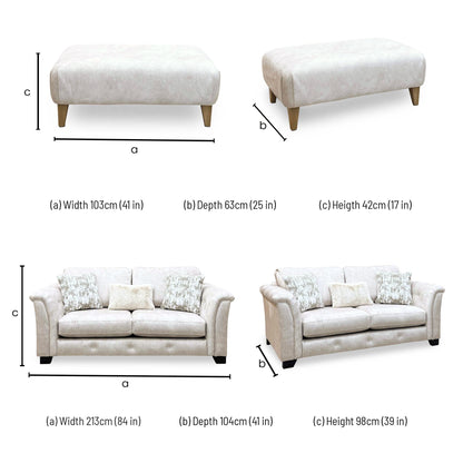 ‘Aura’ Kenzo Cream Dw Ft Velvet Fabric 3 Seater Classic Back Sofa + Footstool