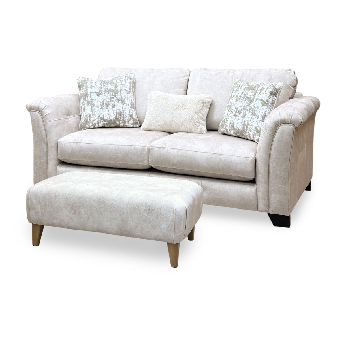 ‘Aura’ Kenzo Cream Dw Ft Velvet Fabric 3 Seater Classic Back Sofa + Footstool