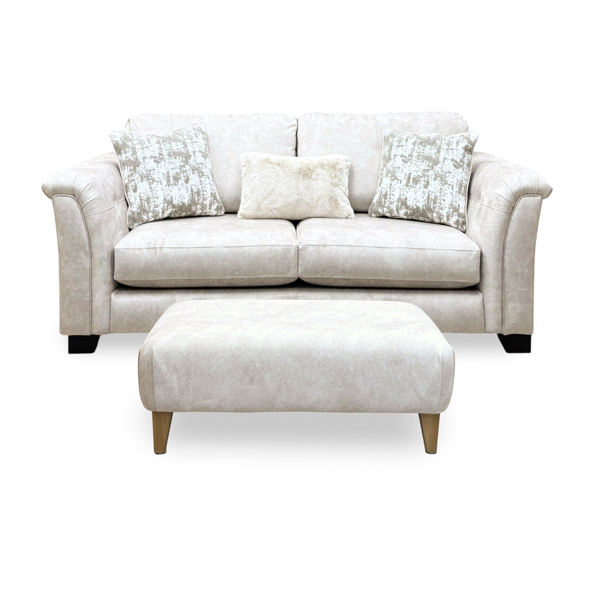 ‘Aura’ Kenzo Cream Dw Ft Velvet Fabric 3 Seater Classic Back Sofa + Footstool