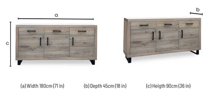 Bodahl ‘Njord’ 8 Vintage Grey Solid Oak 180cm 3 Door 2 Drawer Sideboard