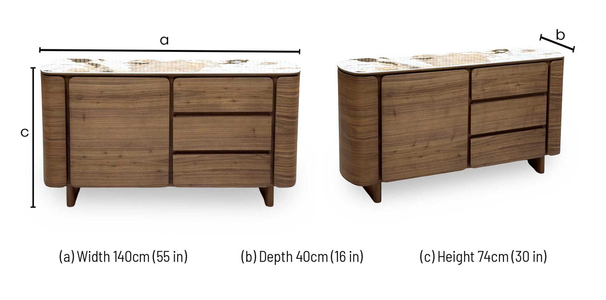 Mekong marble effect ceramic top sideboard dimensions: width 140cm, depth 40cm, height 74cm
