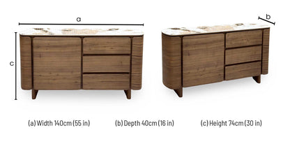 Mekong marble effect ceramic top sideboard dimensions: width 140cm, depth 40cm, height 74cm