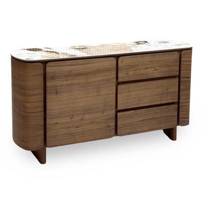 Mekong marble effect ceramic top sideboard, angled view showing the rounded wood-grain ends