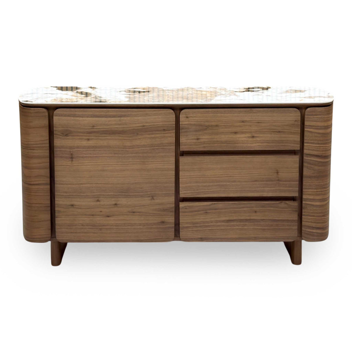 Front view of the Mekong marble effect ceramic top 1 door 3 drawer sideboard