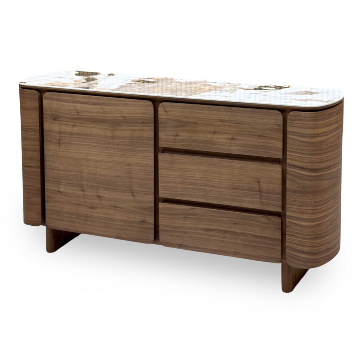 Mekong marble effect top sideboard from the right, showing the curved side and sledge-style feet