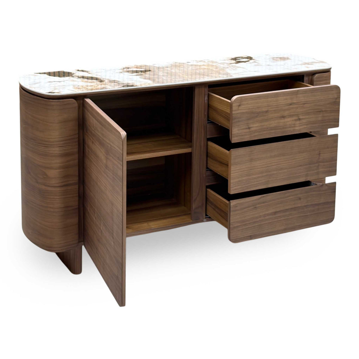 Mekong marble effect top sideboard with the door open to show a shelf and all three drawers pulled out