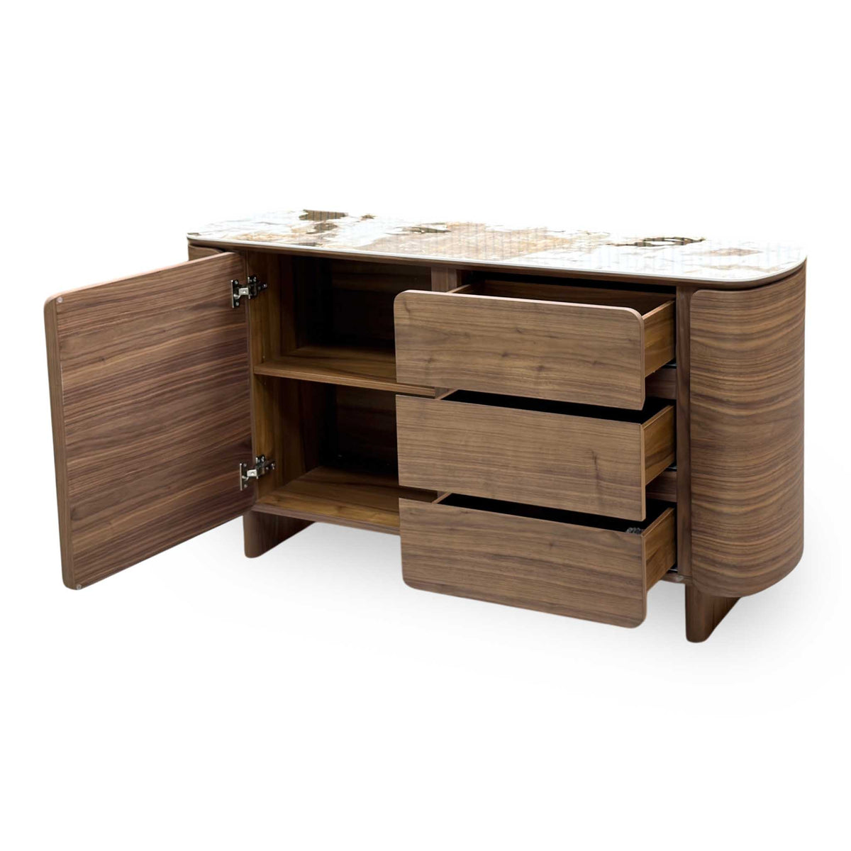 Mekong ceramic top sideboard from the left with the cupboard door and three drawers open