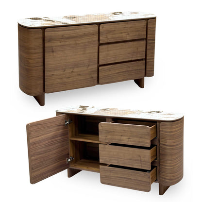 Mekong marble effect ceramic top 1 door 3 drawer sideboard, shown closed and with the door and drawers open