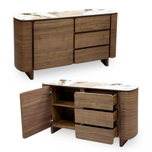 Mekong marble effect ceramic top 1 door 3 drawer sideboard, shown closed and with the door and drawers open