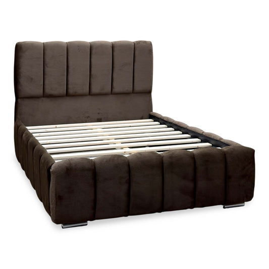 Teddy brown fur fabric double bed with channelled headboard and footboard and slatted base