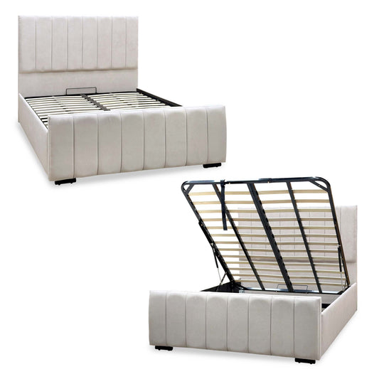 Maxwell taupe fabric king ottoman bed shown closed and with the end lift storage base raised