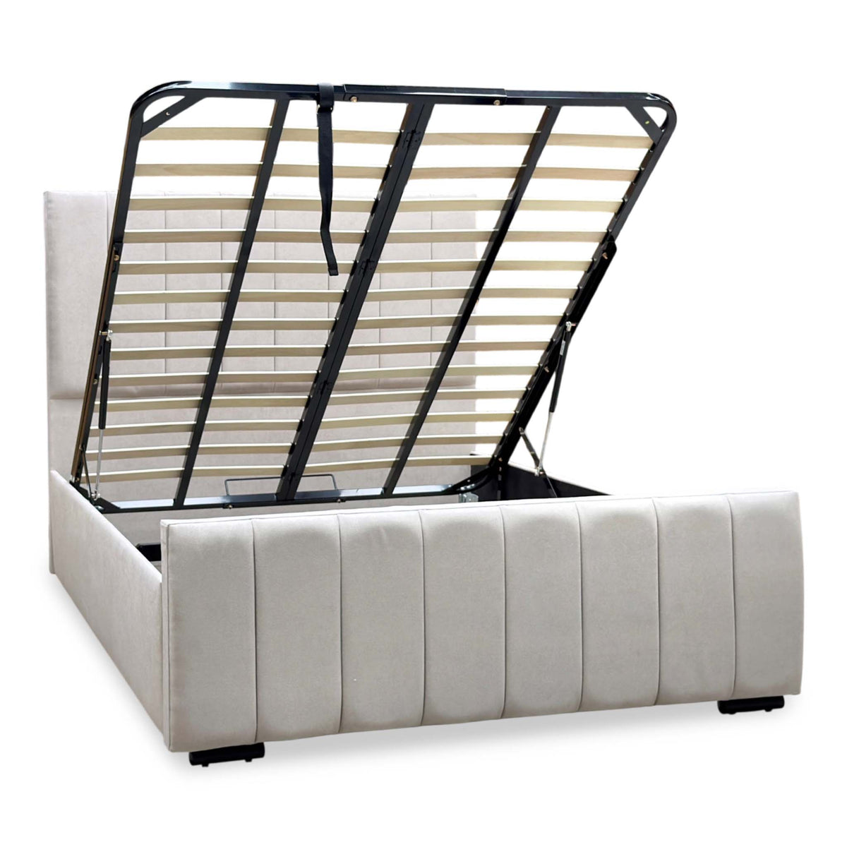 ‘Maxwell’ Taupe Fabric End Lift Ottoman Bed with Floor Standing Headboard - King