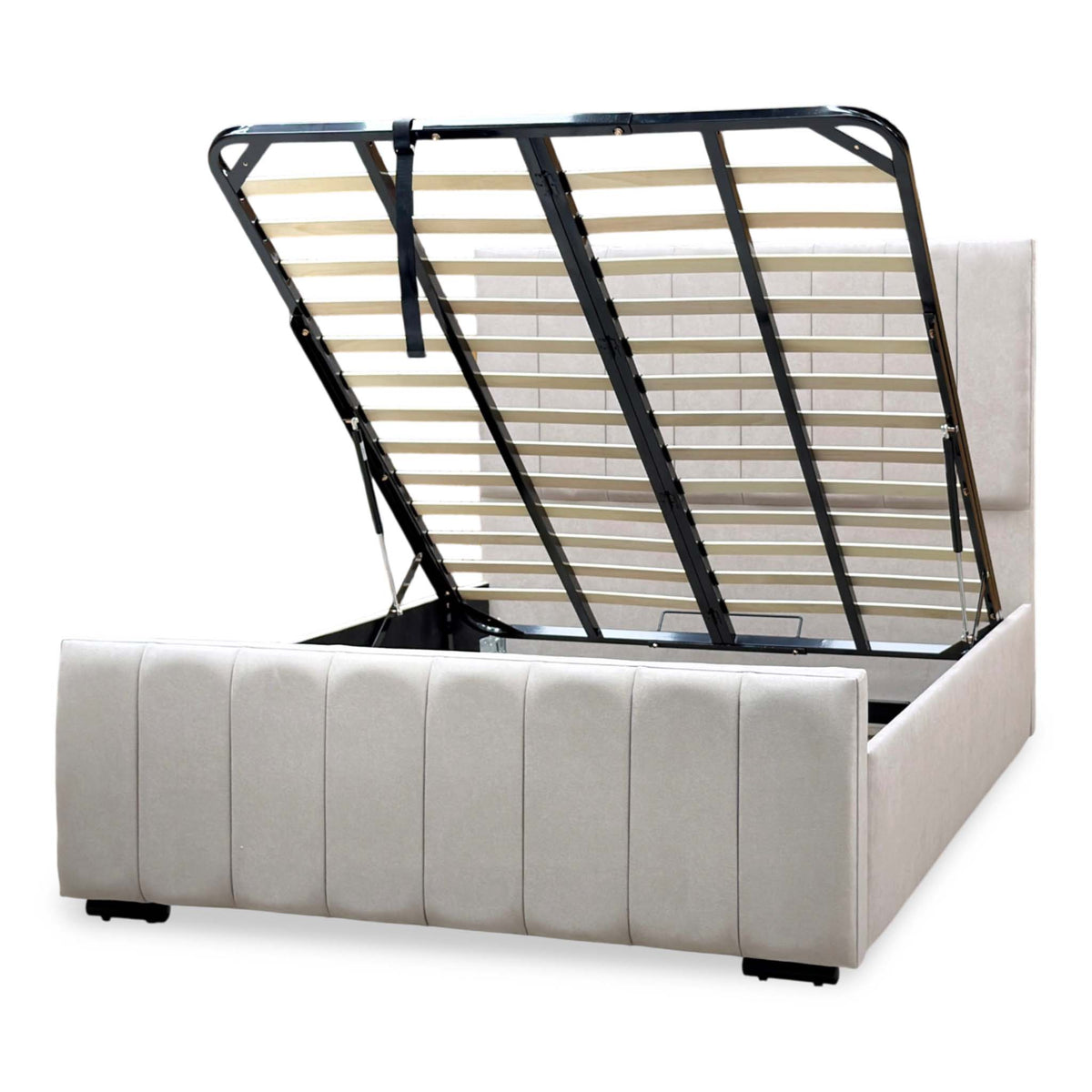 ‘Maxwell’ Taupe Fabric End Lift Ottoman Bed with Floor Standing Headboard - King