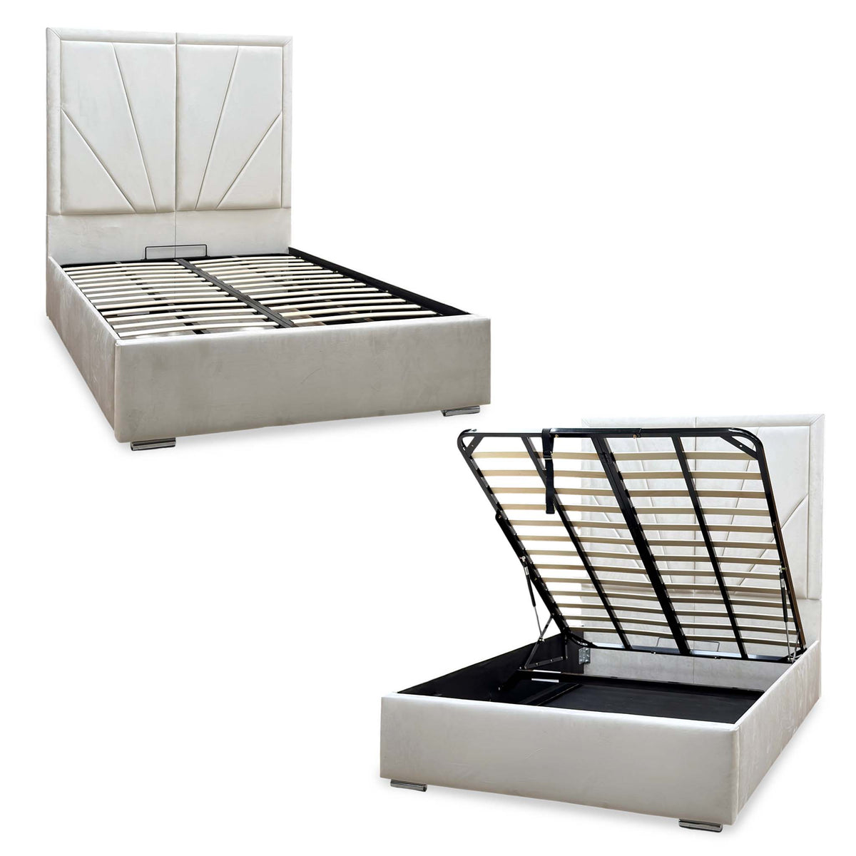 ‘Bentley’ Cream Velvet End Lift Ottoman Bed with High Floor Standing Headboard - King