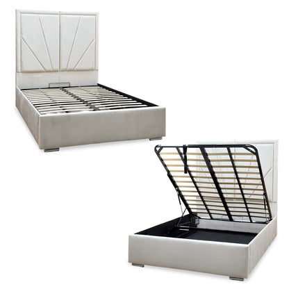 ‘Bentley’ Cream Velvet End Lift Ottoman Bed with High Floor Standing Headboard - King