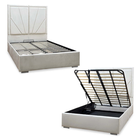 ‘Bentley’ Cream Velvet End Lift Ottoman Bed with High Floor Standing Headboard - King