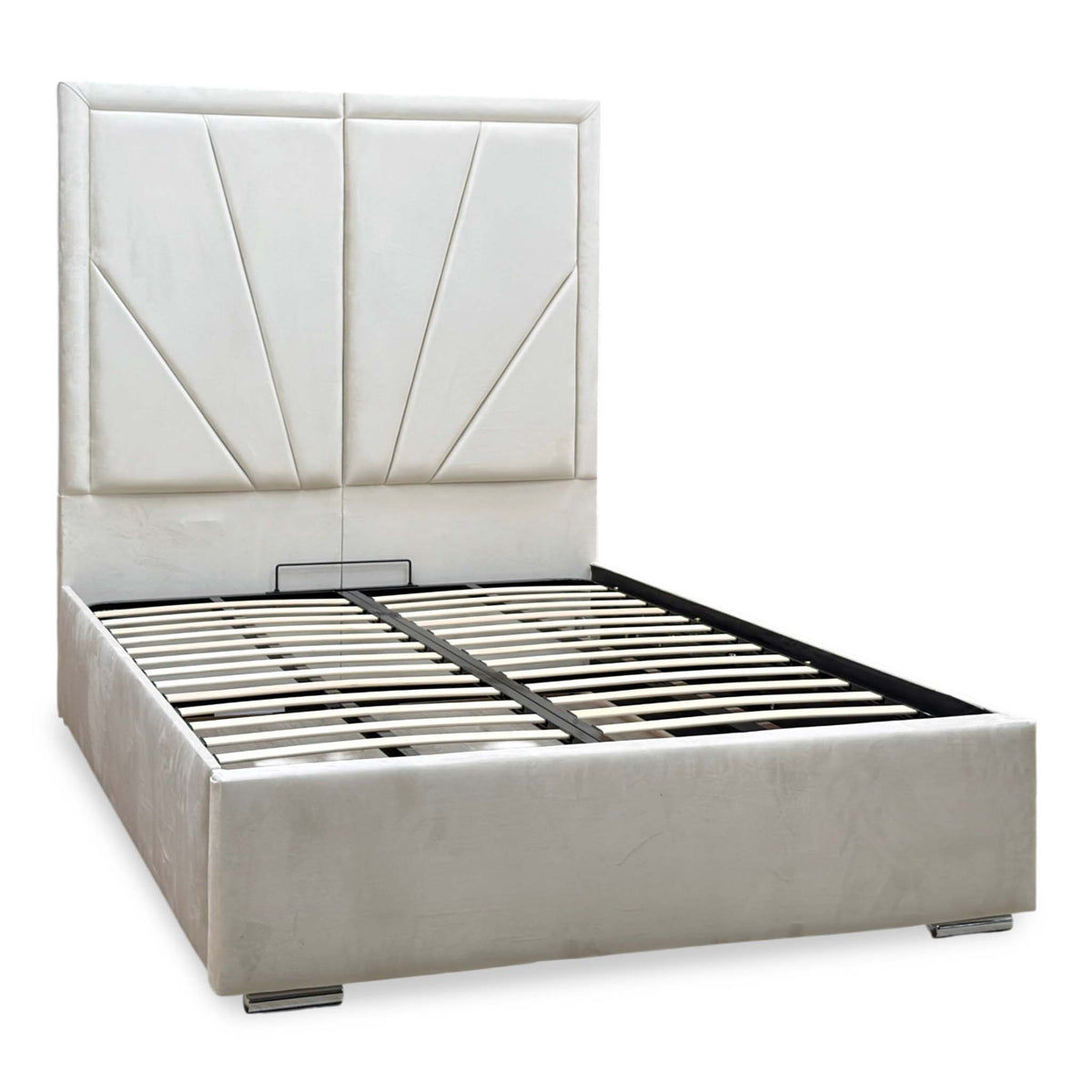 ‘Bentley’ Cream Velvet End Lift Ottoman Bed with High Floor Standing Headboard - King