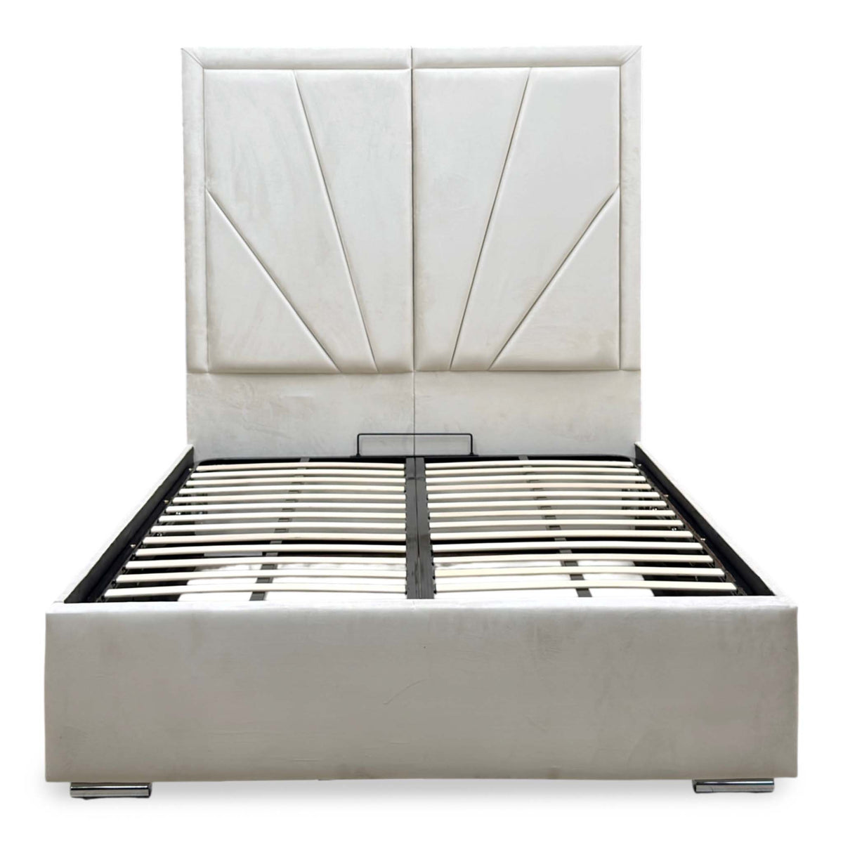 ‘Bentley’ Cream Velvet End Lift Ottoman Bed with High Floor Standing Headboard - King