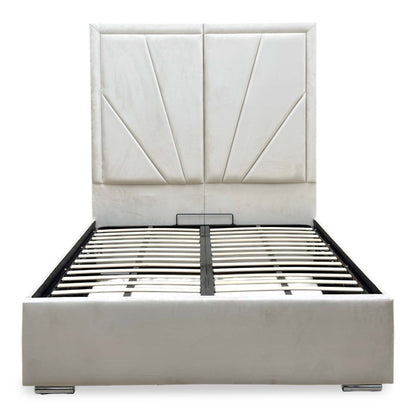 ‘Bentley’ Cream Velvet End Lift Ottoman Bed with High Floor Standing Headboard - King