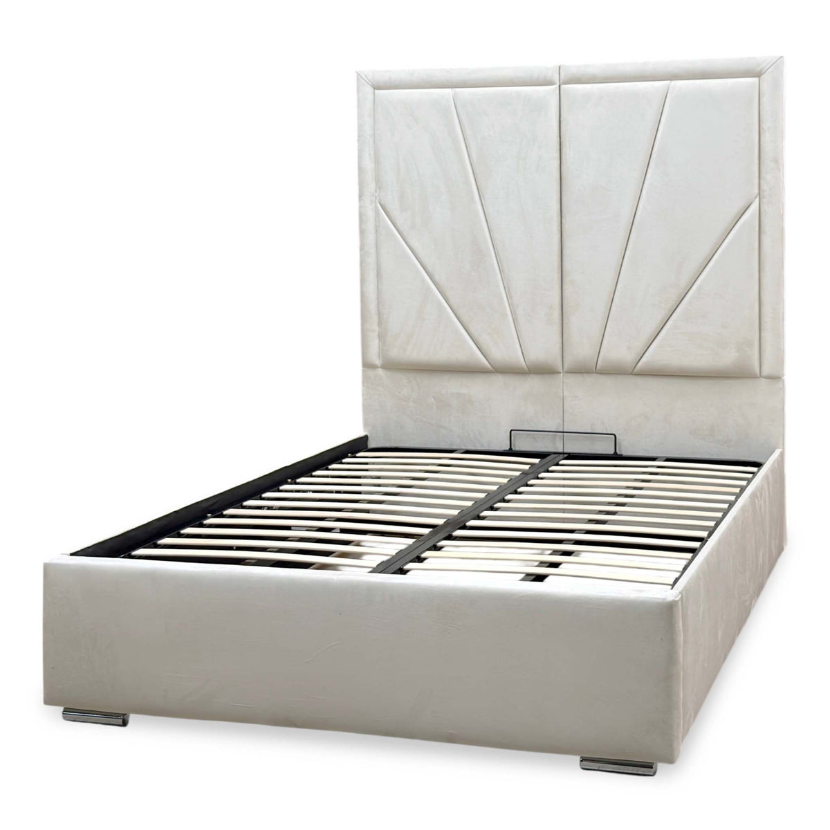 ‘Bentley’ Cream Velvet End Lift Ottoman Bed with High Floor Standing Headboard - King