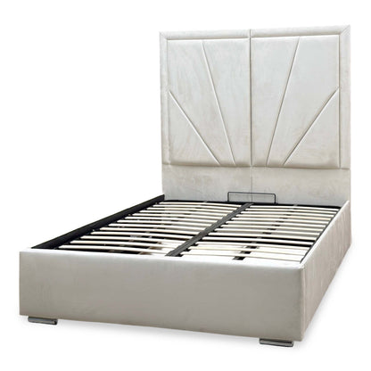 ‘Bentley’ Cream Velvet End Lift Ottoman Bed with High Floor Standing Headboard - King