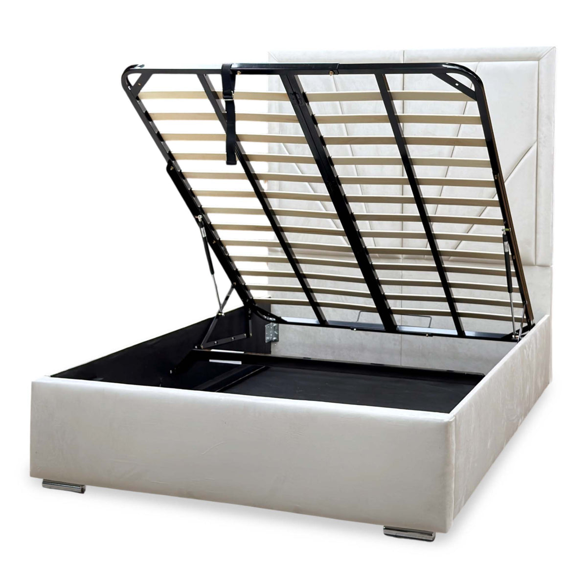 ‘Bentley’ Cream Velvet End Lift Ottoman Bed with High Floor Standing Headboard - King