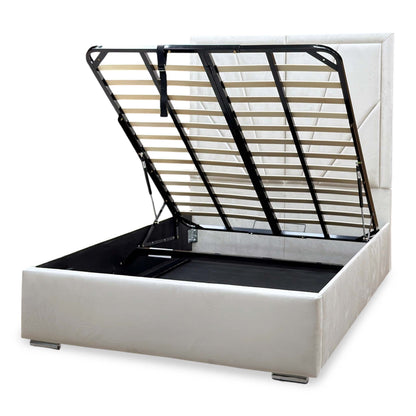 ‘Bentley’ Cream Velvet End Lift Ottoman Bed with High Floor Standing Headboard - King