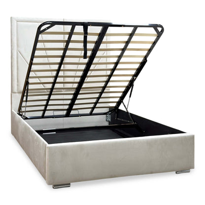 ‘Bentley’ Cream Velvet End Lift Ottoman Bed with High Floor Standing Headboard - King