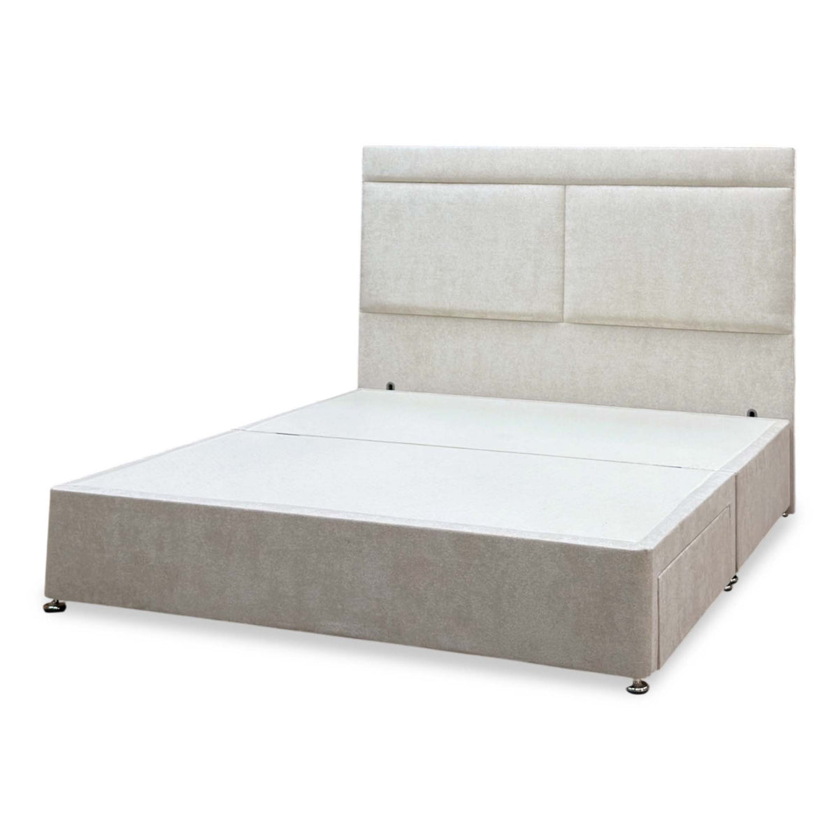 ‘Lawrence’ Cream Fabric 2 drawer Divan Base with Floor Standing Headboard - Super King