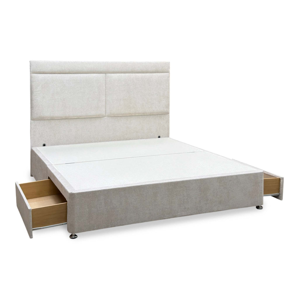 ‘Lawrence’ Cream Fabric 2 drawer Divan Base with Floor Standing Headboard - Super King