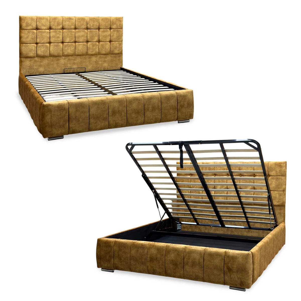 ‘Sullivan’ Heritage Saffron Mustard Velvet Ottoman End Lift Bed - Super King