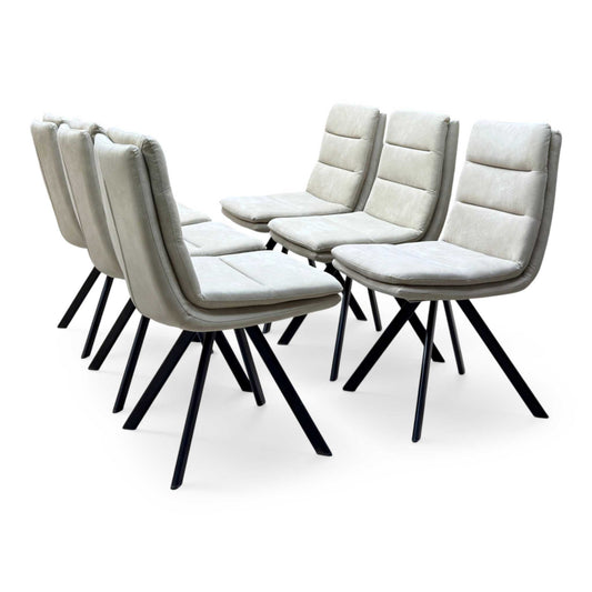 Bodahl Njord sand beige fabric swivel dining chairs, set of 6, in two facing rows with black angled legs