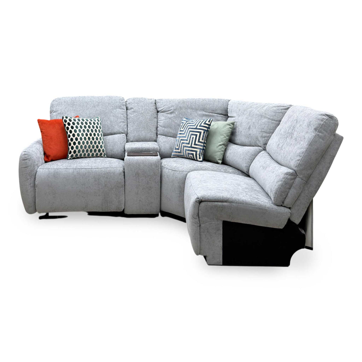Front view of the Darren light grey fabric power recliner chaise sofa with patterned scatter cushions