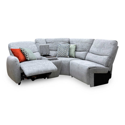Darren light grey fabric power recliner chaise sofa, angled view with one seat reclined and media console open