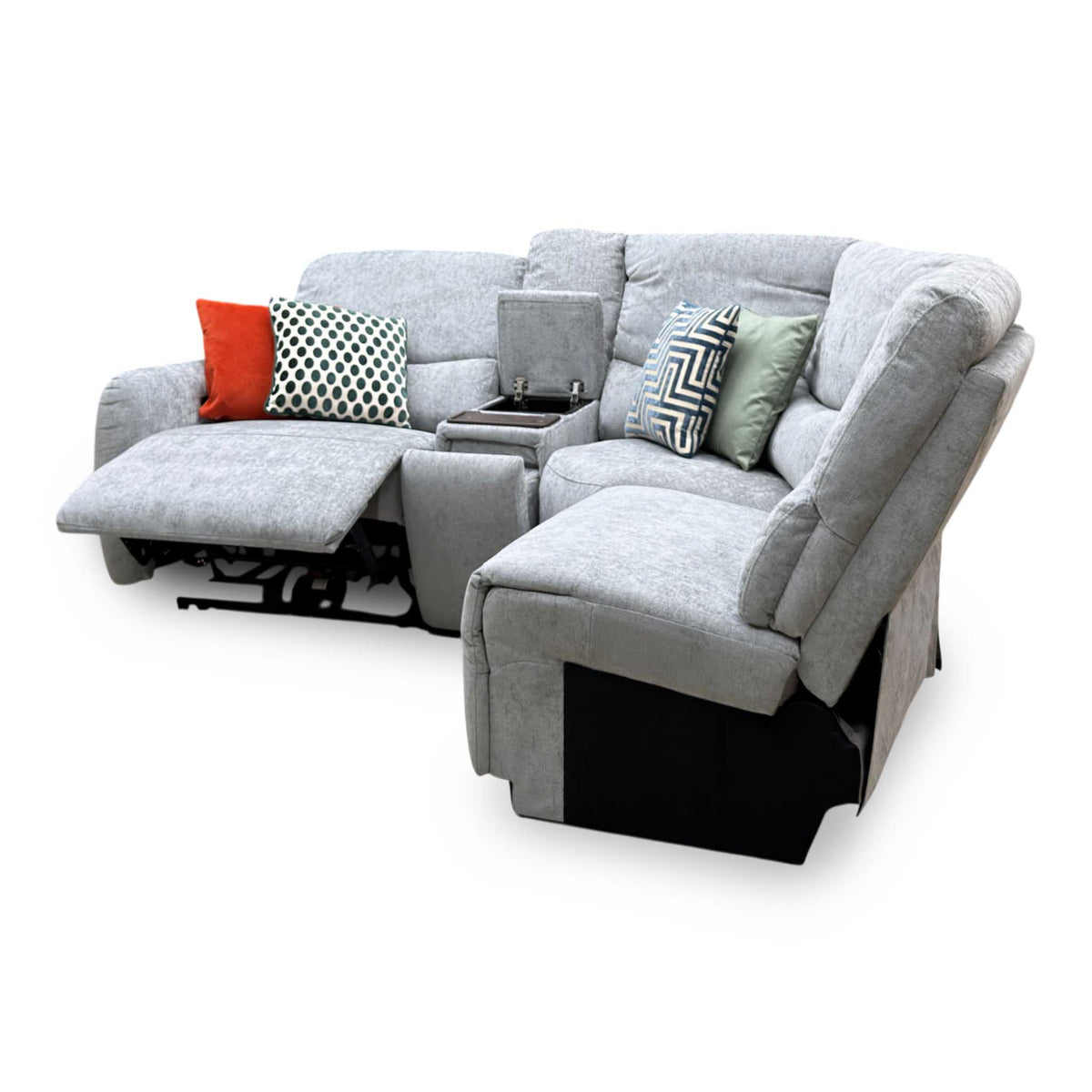 Side angle of the Darren light grey fabric chaise sofa with the end seat reclined and console lid lifted