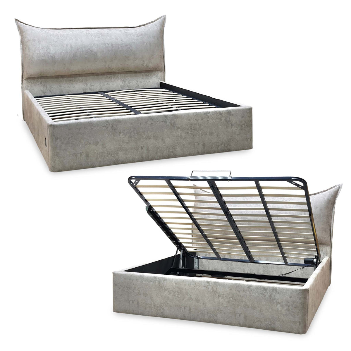 'Celestial' Allora Stone Grey Fabric Electric Ottoman Bed Frame - Super King