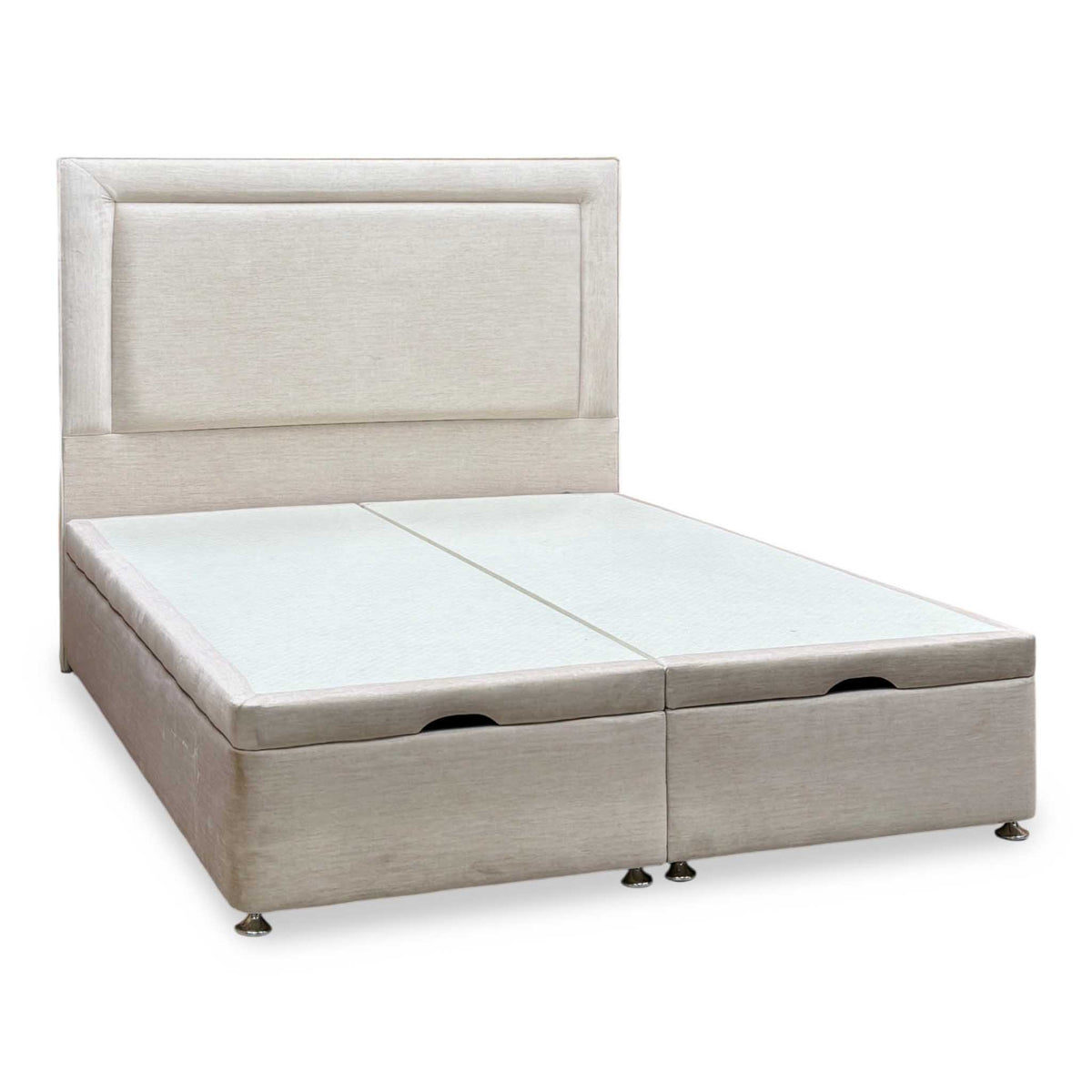 Artisan Collection ‘Foley’ 901 Sandstone Pearl Beige Fabric Standard Floor Standing Headboard + Double End Lift Ottoman Divan Base - King
