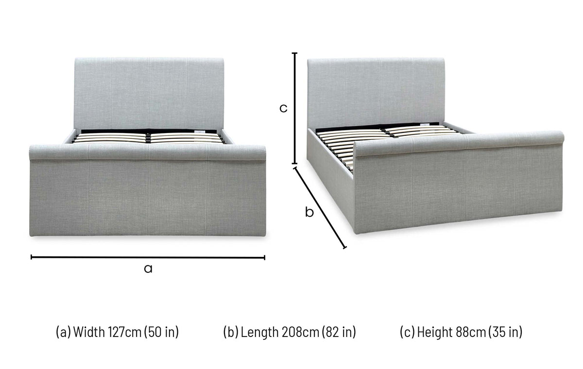 Stanley grey fabric small double ottoman bed dimensions: width 127cm, length 208cm, height 88cm
