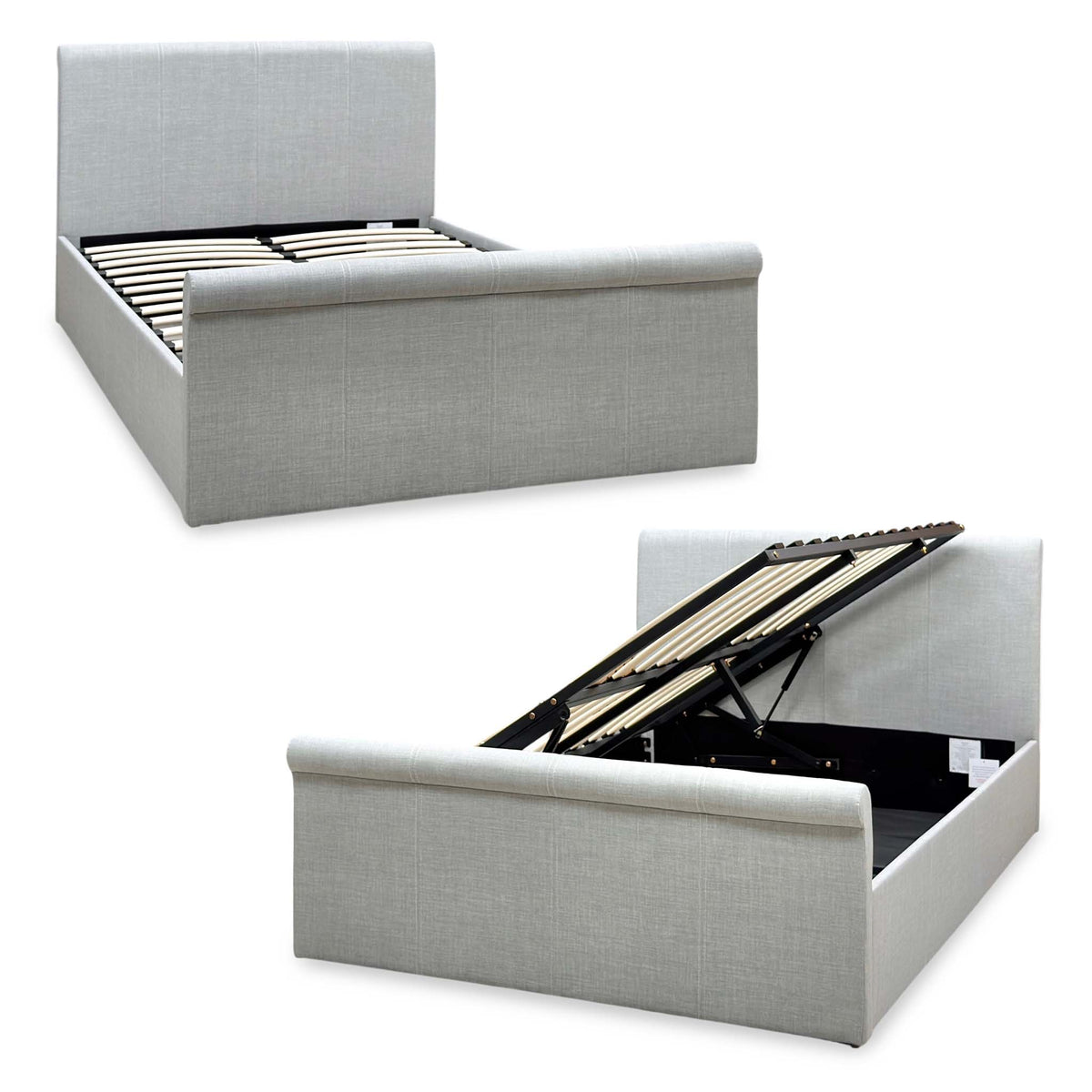 Stanley grey fabric side lift ottoman bed, small double, shown closed and with the slatted base lifted open