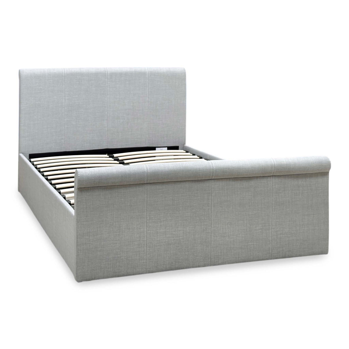 Stanley grey fabric small double ottoman bed, angled view from the left showing the padded headboard