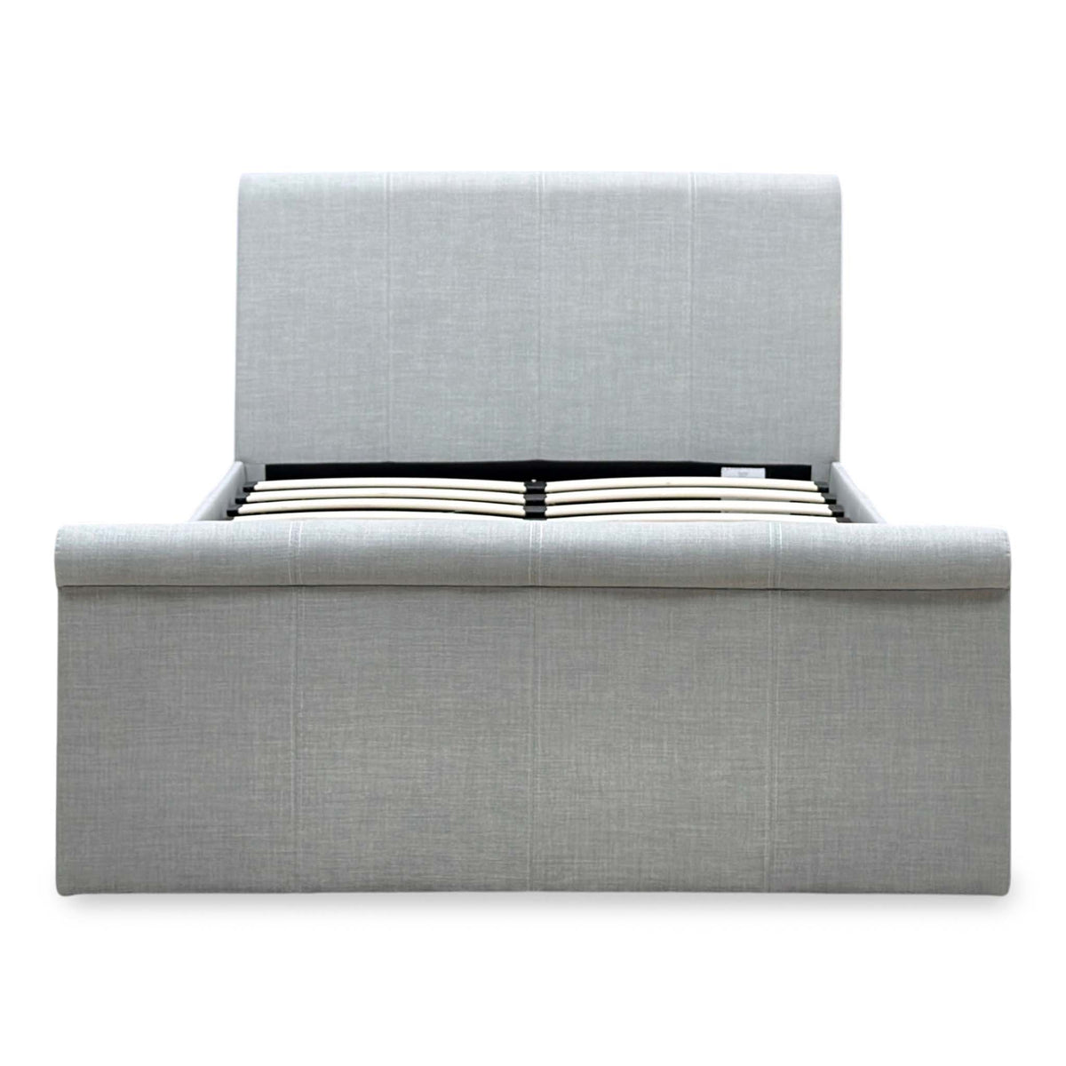 Front view of the Stanley grey fabric side lift ottoman bed from the foot end