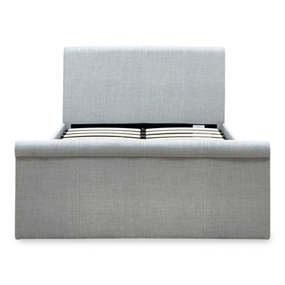 Front view of the Stanley grey fabric side lift ottoman bed from the foot end