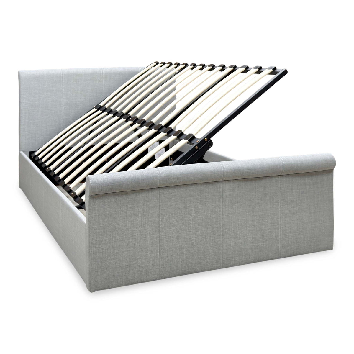 Stanley grey fabric ottoman bed with the side lift open storage raised, showing the slats and the space beneath
